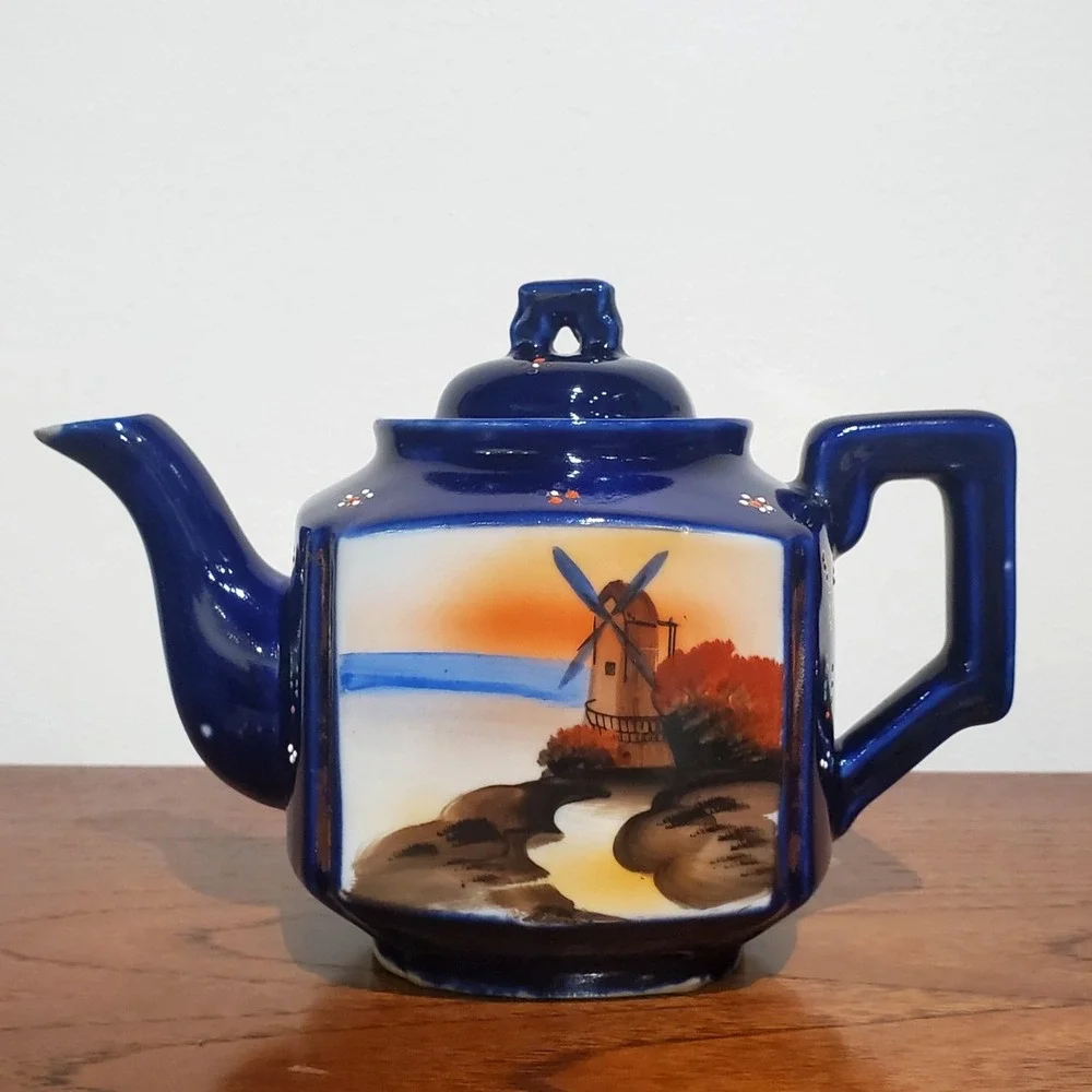 Vintage Hand Painted landscape windmill sunset sunrise, Teapot, MCM, Japan